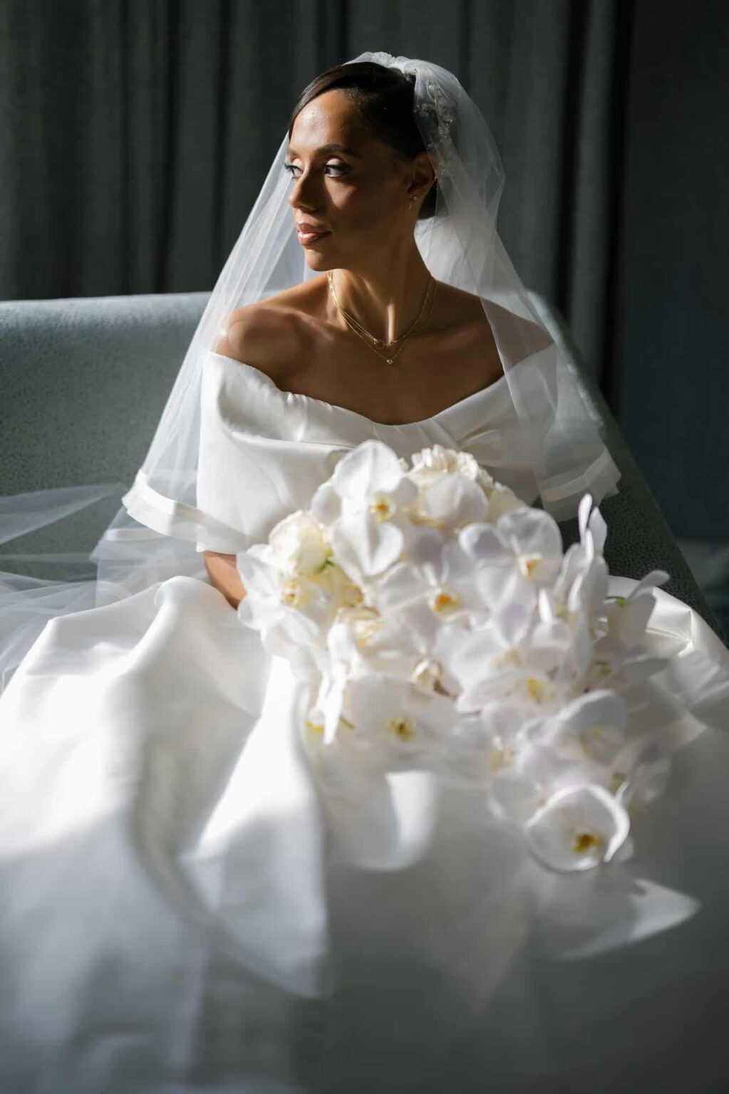 Bridal bouquet with cascading white orchids