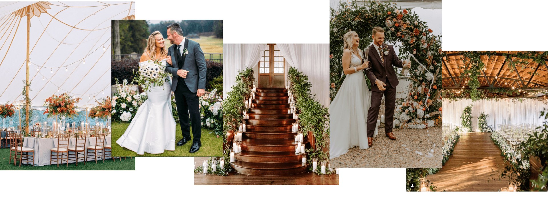 Blosm Design wedding work: a tented reception, a couple beneath a floral arch, and a candlelit staircase draped in greenery