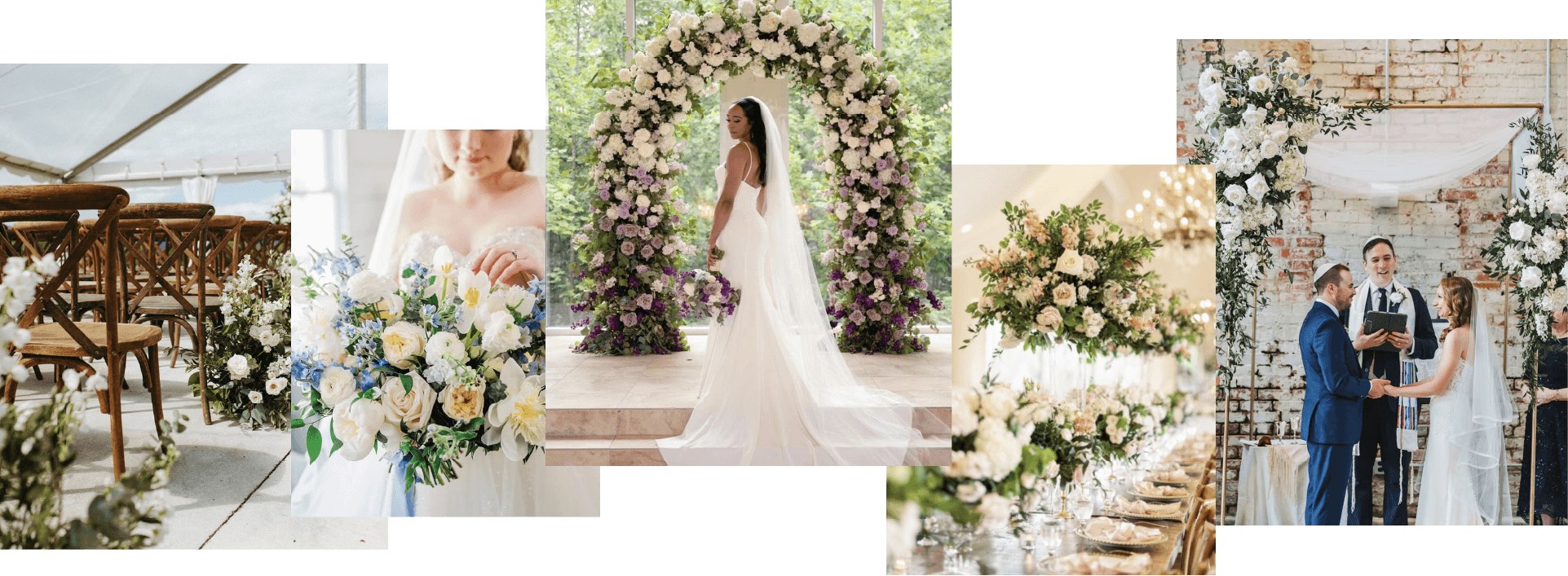 Blosm Design florals: a white orchid bouquet, a garden ceremony arbour, and a reception table under hanging blooms