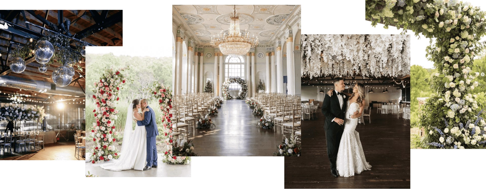 Blosm Design installations: disco balls and greenery over a barn reception, a red and white ceremony arch, and a ballroom aisle lined with florals